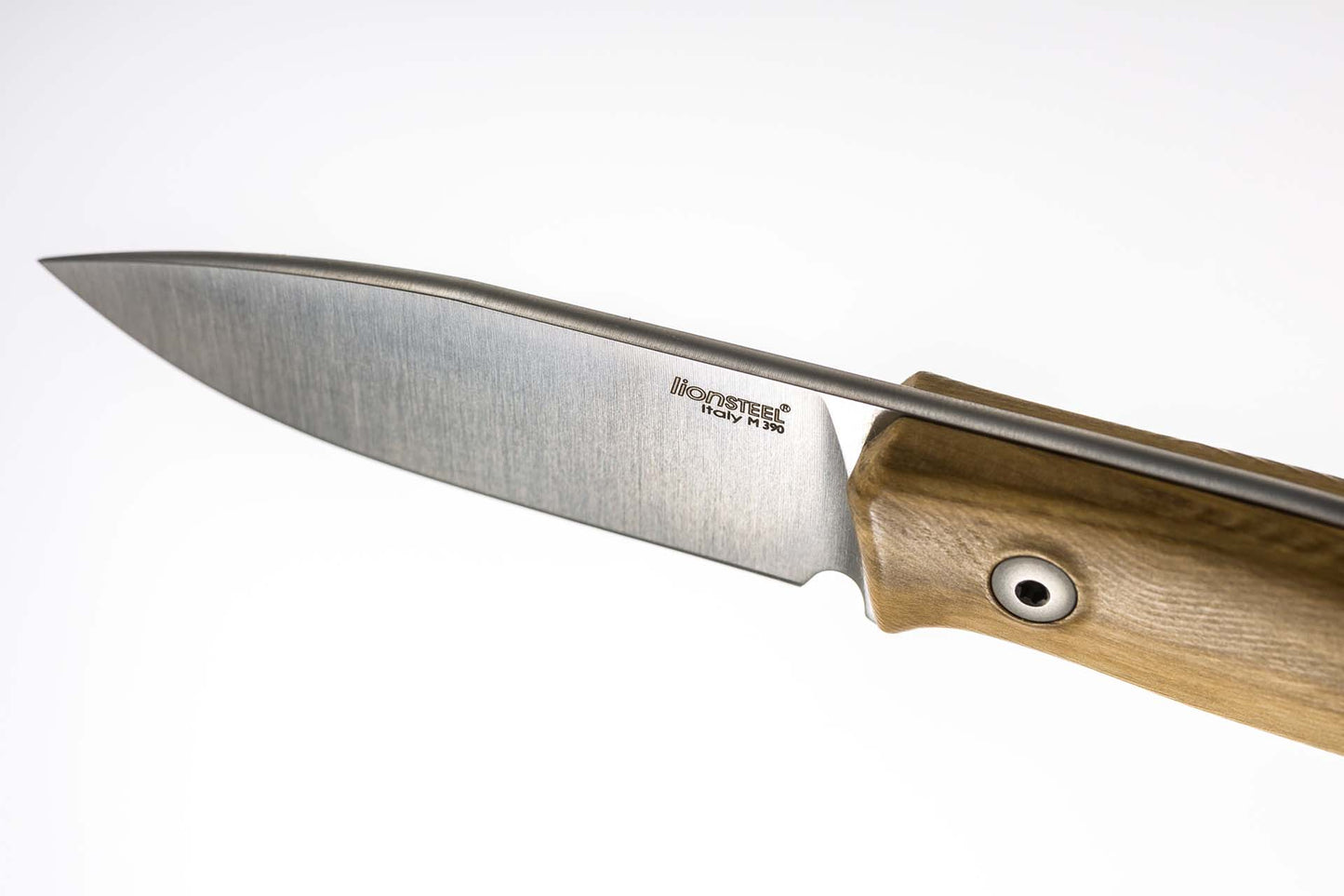 LionSteel M1 2.91" M390 Olive Wood Fixed Blade Knife with Leather Sheath and Titanium Bead