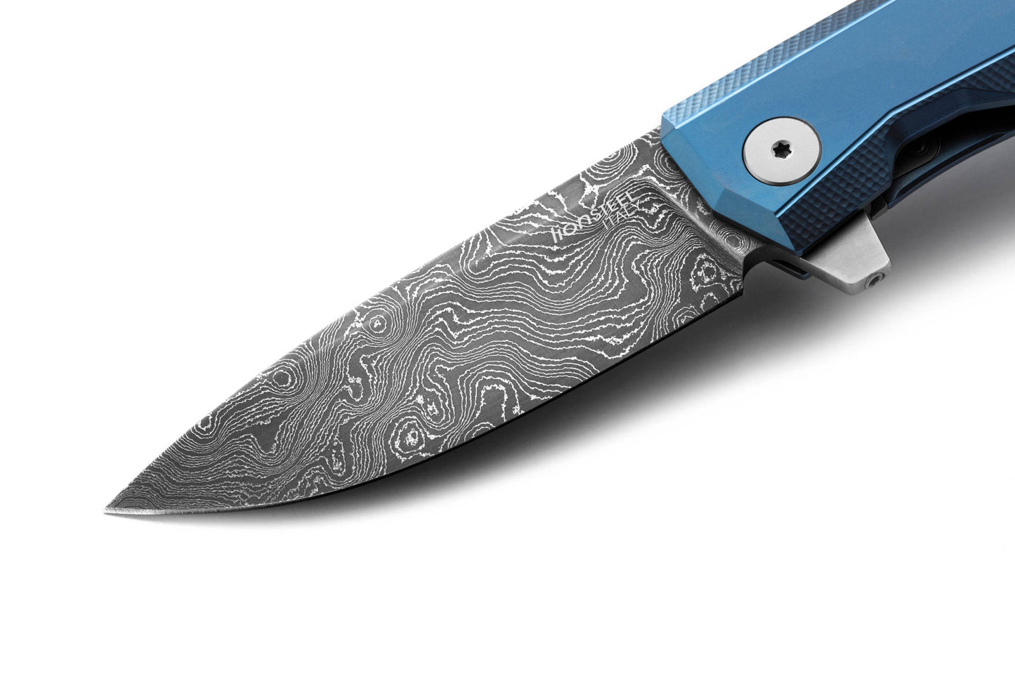 LionSteel Myto 3.27" Chad Nichols Scrambled Damascus Folding Knife with Blue Titanium Handle