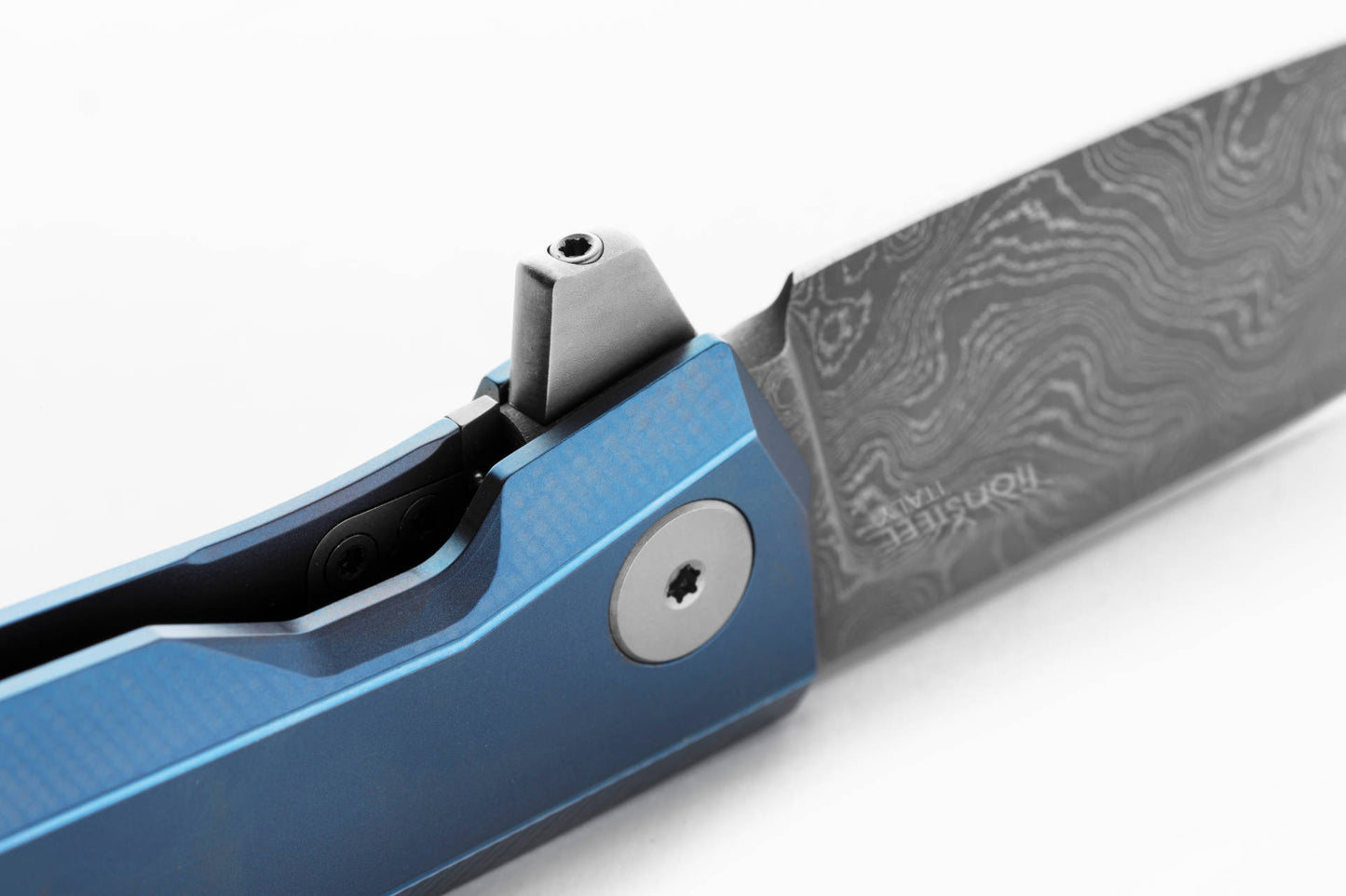 LionSteel Myto 3.27" Chad Nichols Scrambled Damascus Folding Knife with Blue Titanium Handle