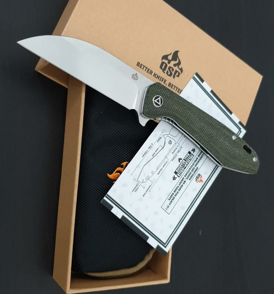 QSP Pelican 3.625" CPM S35VN Stonewash Green Linen Micarta Folding Knife QS118-E1