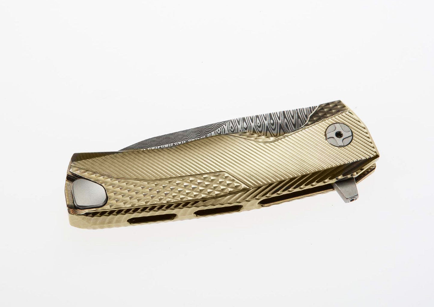 LionSteel ROK 3.39" Chad Nichols Scrambled Damascus Gold Titanium Hidden Clip Folding Knife ROK DD GL