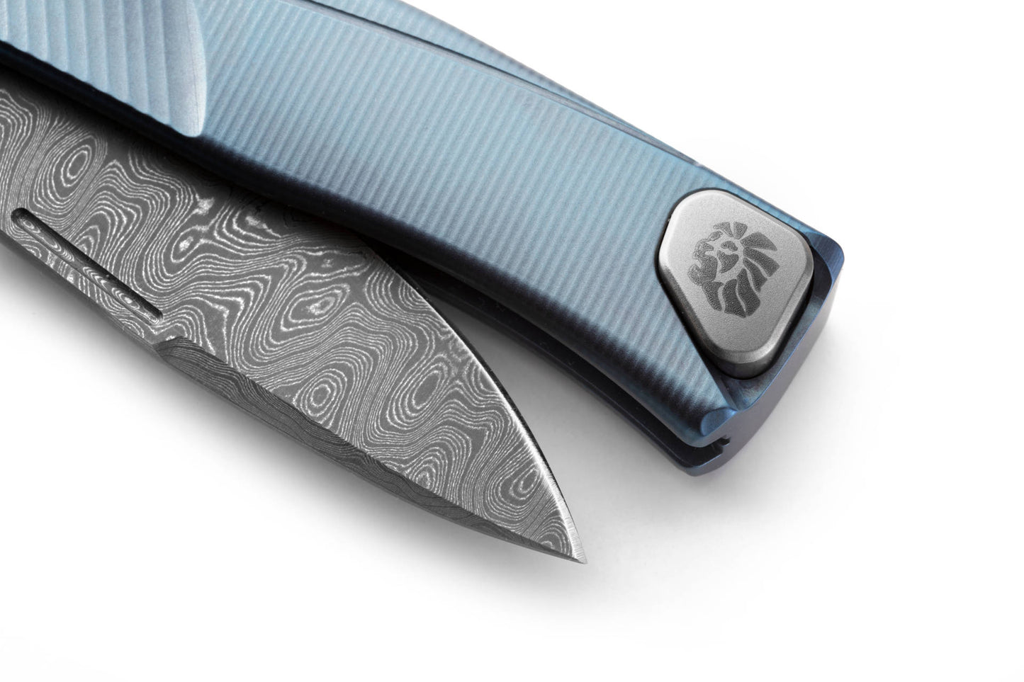 LionSteel Thrill 3.15" Chad Nichols Scrambled Damascus Integral Slipjoint Folding Knife with Blue Titanium Handle