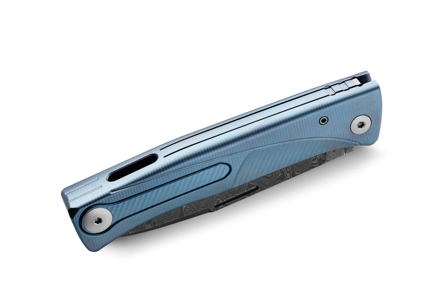 LionSteel Thrill 3.15" Chad Nichols Scrambled Damascus Integral Slipjoint Folding Knife with Blue Titanium Handle