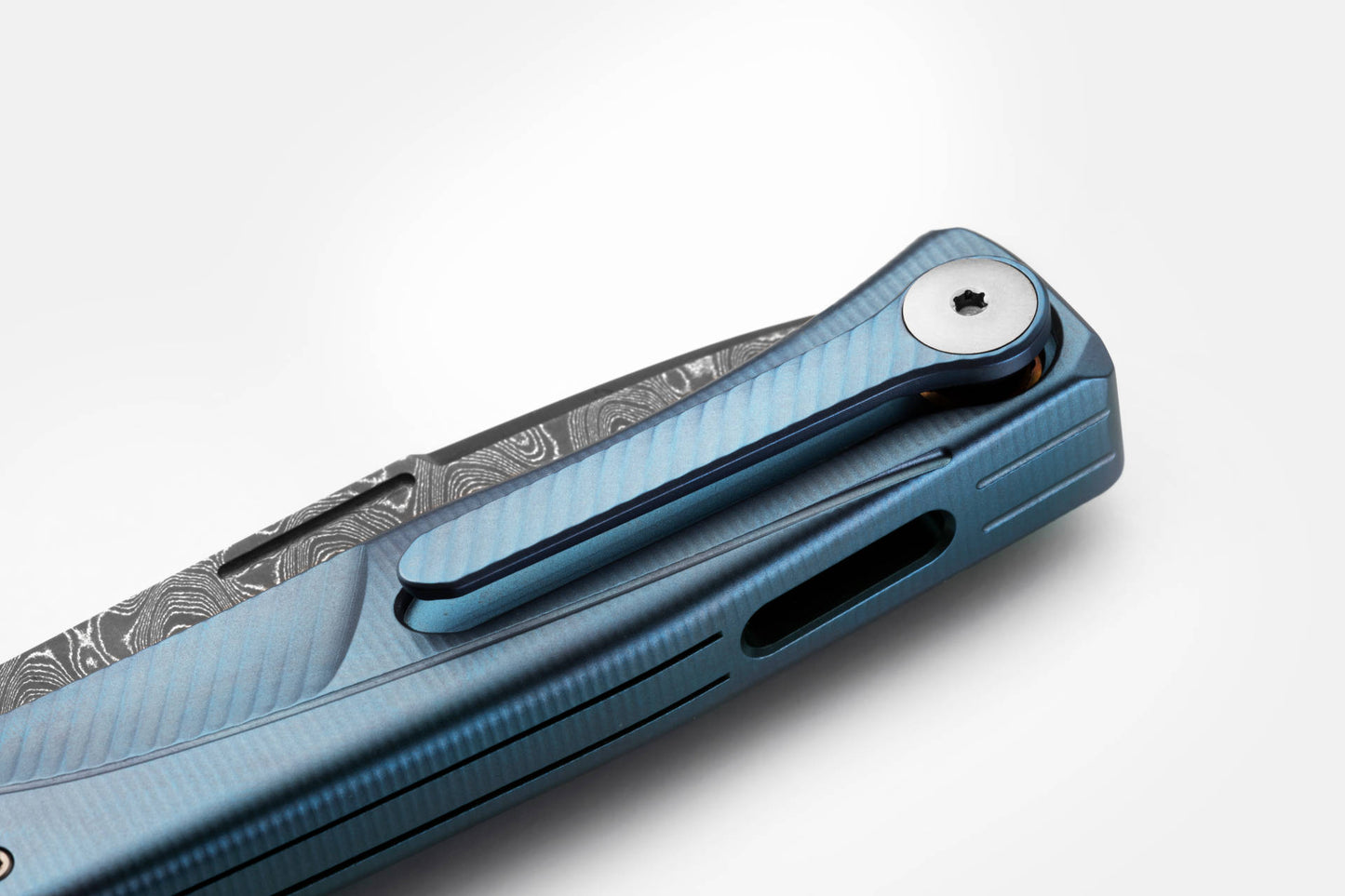 LionSteel Thrill 3.15" Chad Nichols Scrambled Damascus Integral Slipjoint Folding Knife with Blue Titanium Handle
