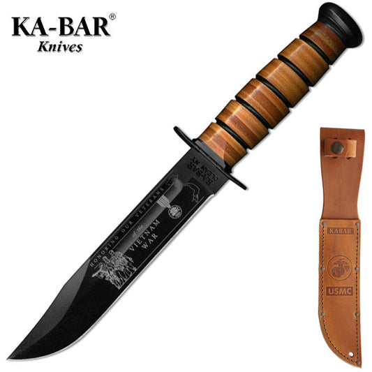 KA-BAR USMC 7" Vietnam Commemorative Fixed Blade Knife with Leather Sheath 9140
