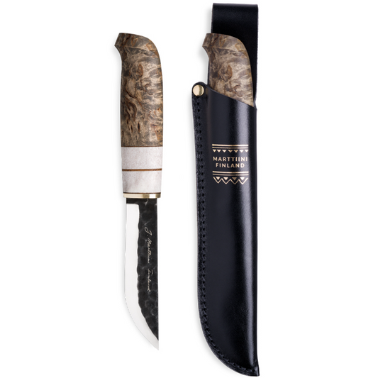 Marttiini Aapa 4.33" Hand-Forged Carbon Curly Birch / Reindeer Antler Puukko Knife with Leather Sheath