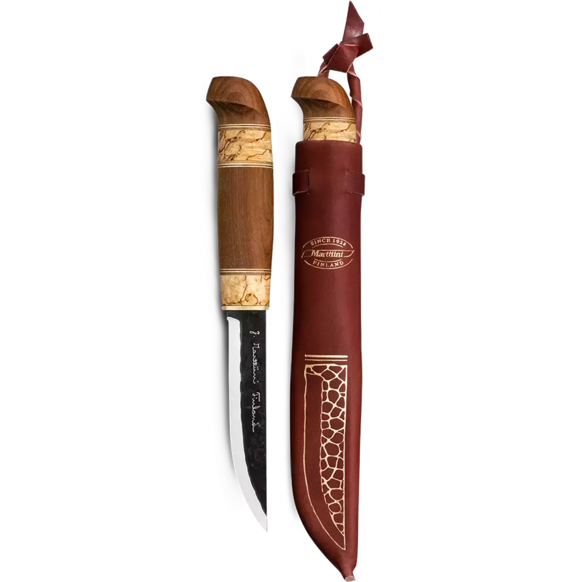 Marttiini Kierinki 4.33" Hand-Forged Carbon Curly Birch Puukko Knife with Leather Sheath