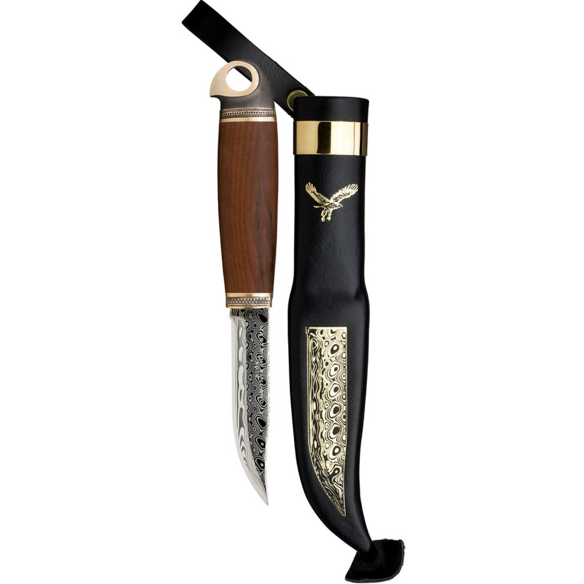 Marttiini Eagle Damascus 3.94" Curly Birch Puukko Knife with Leather Sheath