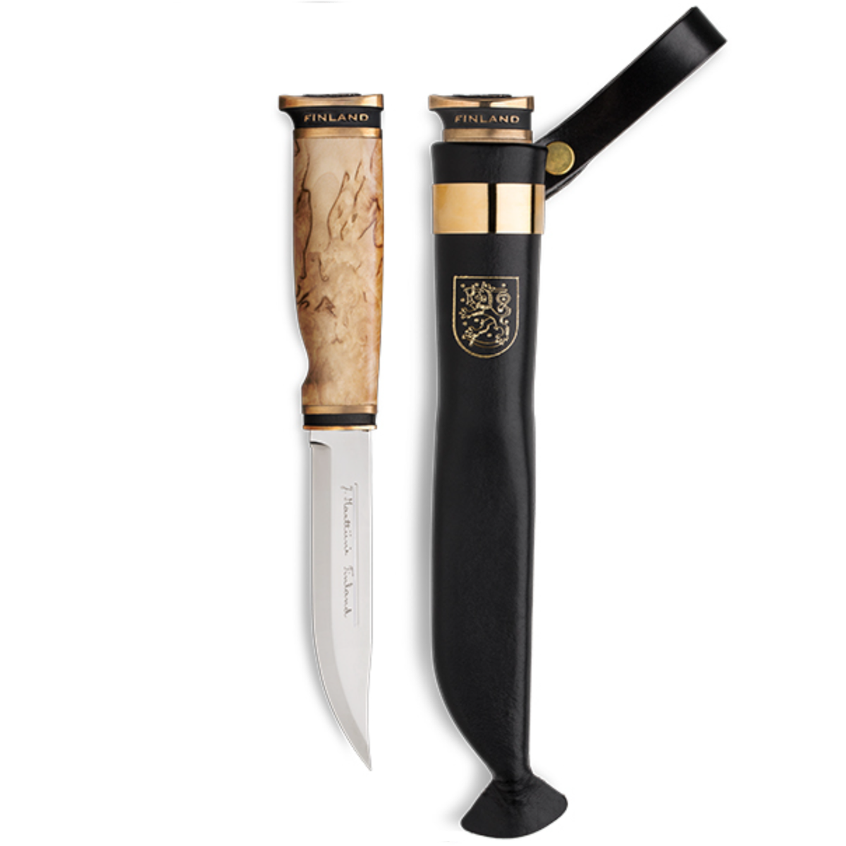 Marttiini Suomi-Finland 4.33" Curly Birch Puukko Knife with Leather Sheath