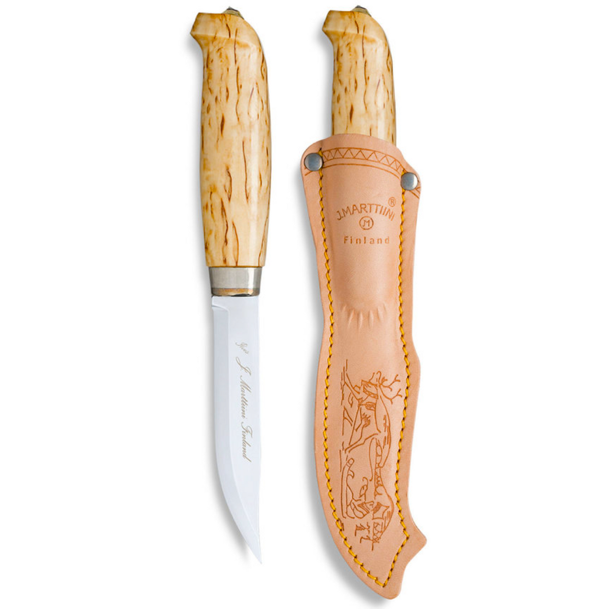 Marttiini Lynx 131 4.33" Curly Birch Puukko Knife with Leather Sheath