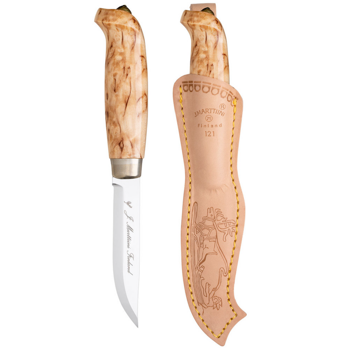 Marttiini Lynx 121 3.93" Curly Birch Puukko Knife with Leather Sheath