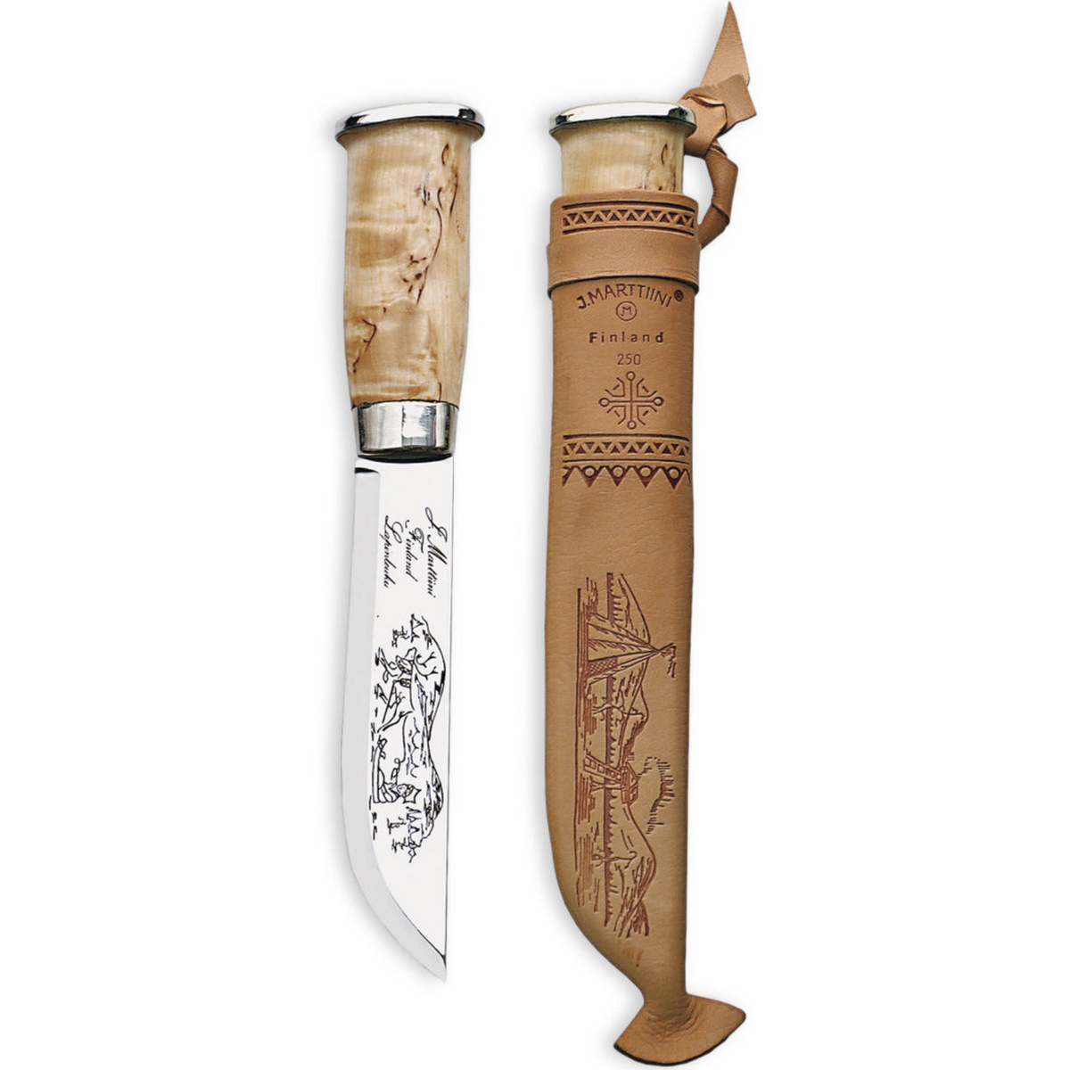 Marttiini Lapp Knife 250 6.3" Curly Birch Puukko Knife with Leather Sheath