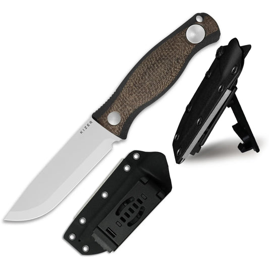 Kizer Polaris 4.23" AEB-L Yakut Chisel Grind Brown/Black Burlap Micarta G10 Fixed Blade Knife 1100A3