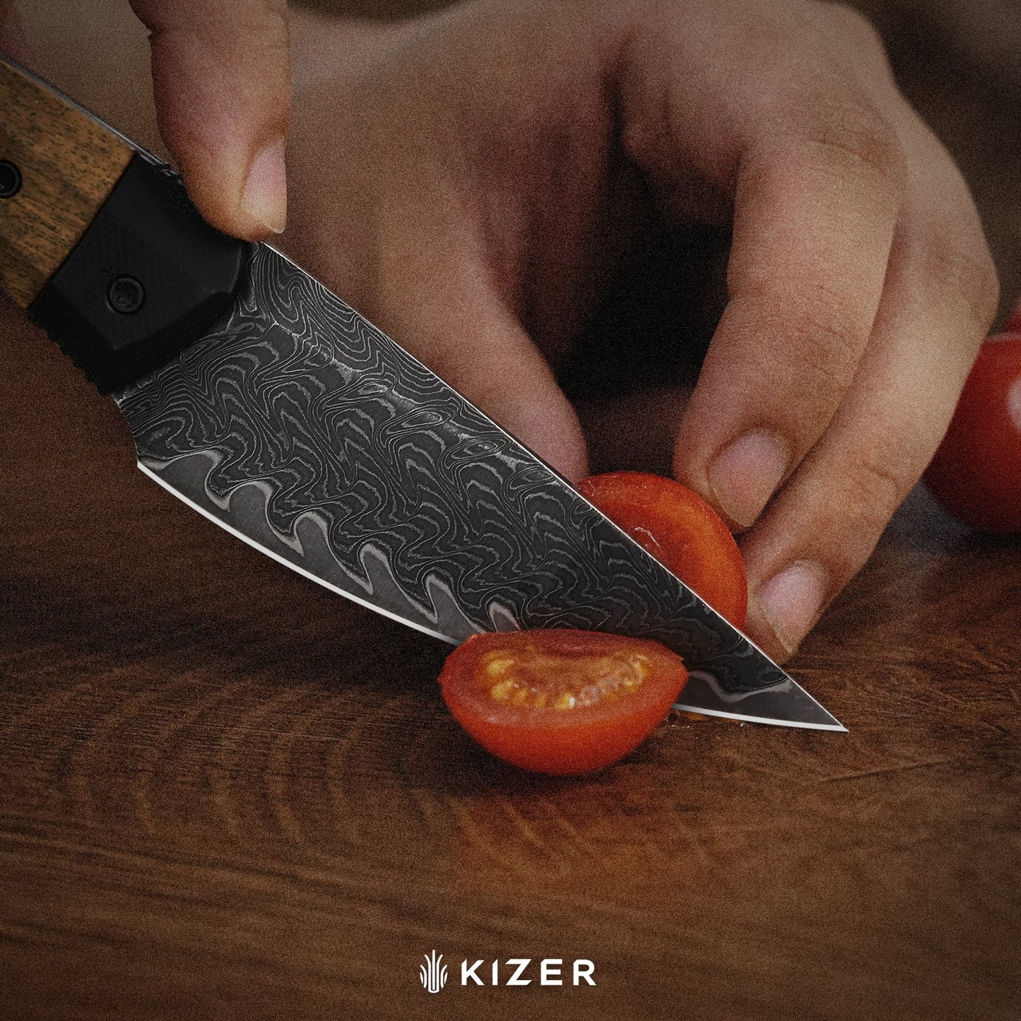 Kizer Momo Fix 3 3.2" Takefu VG-10 Damascus Mkuruti Wood G10 Fixed Blade Knife by Vladimir Legachev 1124A1