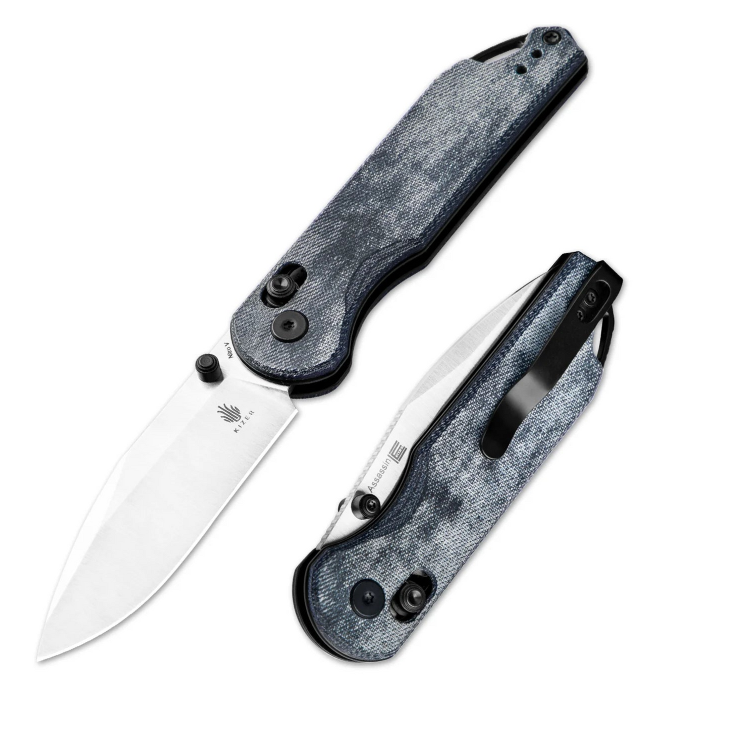 Kizer Assassin Clutch-Lock 2.99" Nitro-V Denim Micarta Folding Knife by Carlos Elstner V3549A2