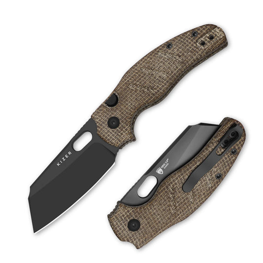 Kizer Sheepdog C01C 2.95" Elmax DLC Ultra Brown Norplex UltreX Micarta Button-Lock Folding Knife Ki3488.29BSA2