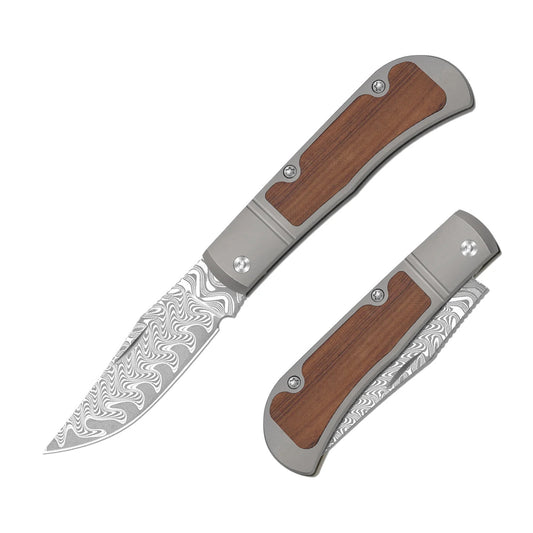Kizer Trestle 2.9" Damascus Mkuruti Wood Titanium Folding Knife V3761A2