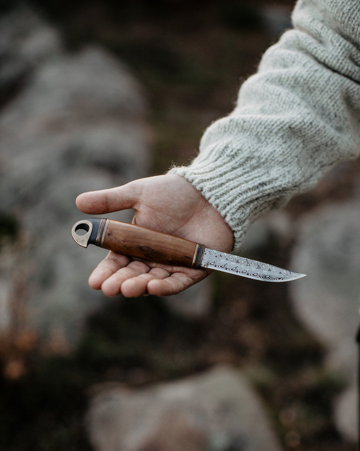 Marttiini Eagle Damascus 3.94" Curly Birch Puukko Knife with Leather Sheath