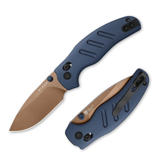 Kizer Sheepdog C01C 2.95" Elmax Sunset Metal PVD Blue Aluminium Clutch-Lock Folding Knife Ki3488.29CDA1