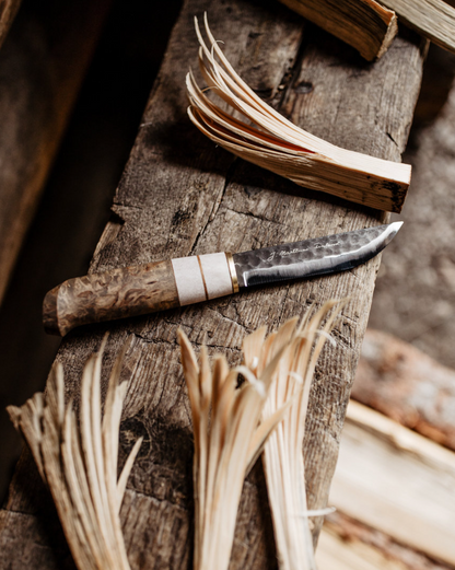 Marttiini Aapa 4.33" Hand-Forged Carbon Curly Birch / Reindeer Antler Puukko Knife with Leather Sheath