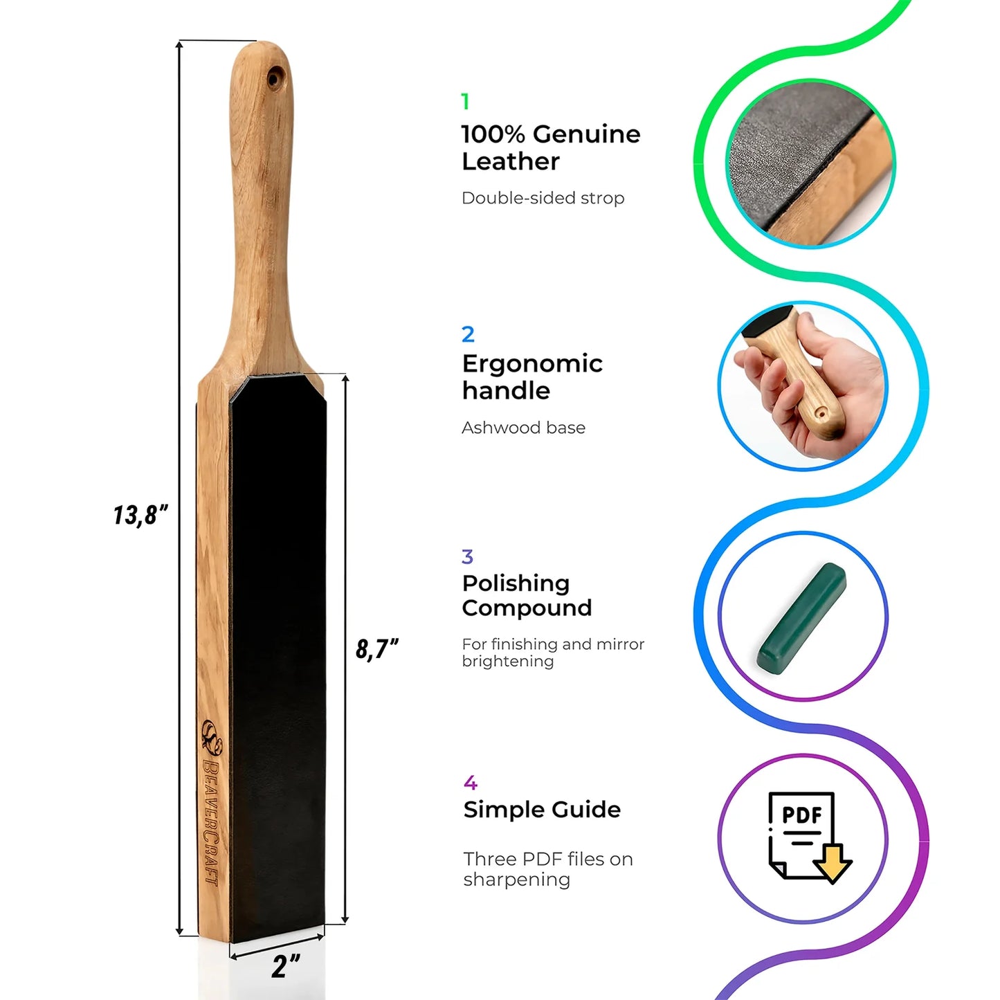 BeaverCraft Double-Sided Leather Paddle Strop with Polishing Compound LS6P1 - Made in Europe