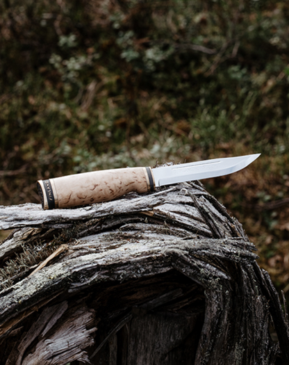 Marttiini Suomi-Finland 4.33" Curly Birch Puukko Knife with Leather Sheath