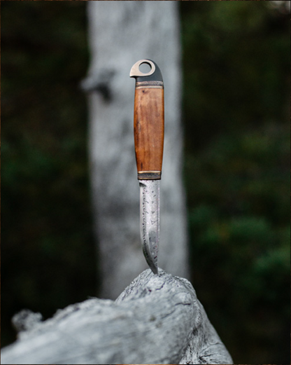 Marttiini Eagle Damascus 3.94" Curly Birch Puukko Knife with Leather Sheath