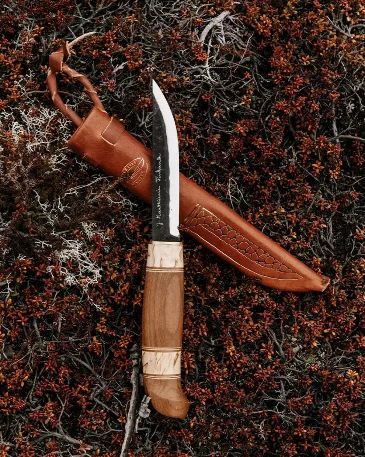 Marttiini Kierinki 4.33" Hand-Forged Carbon Curly Birch Puukko Knife with Leather Sheath