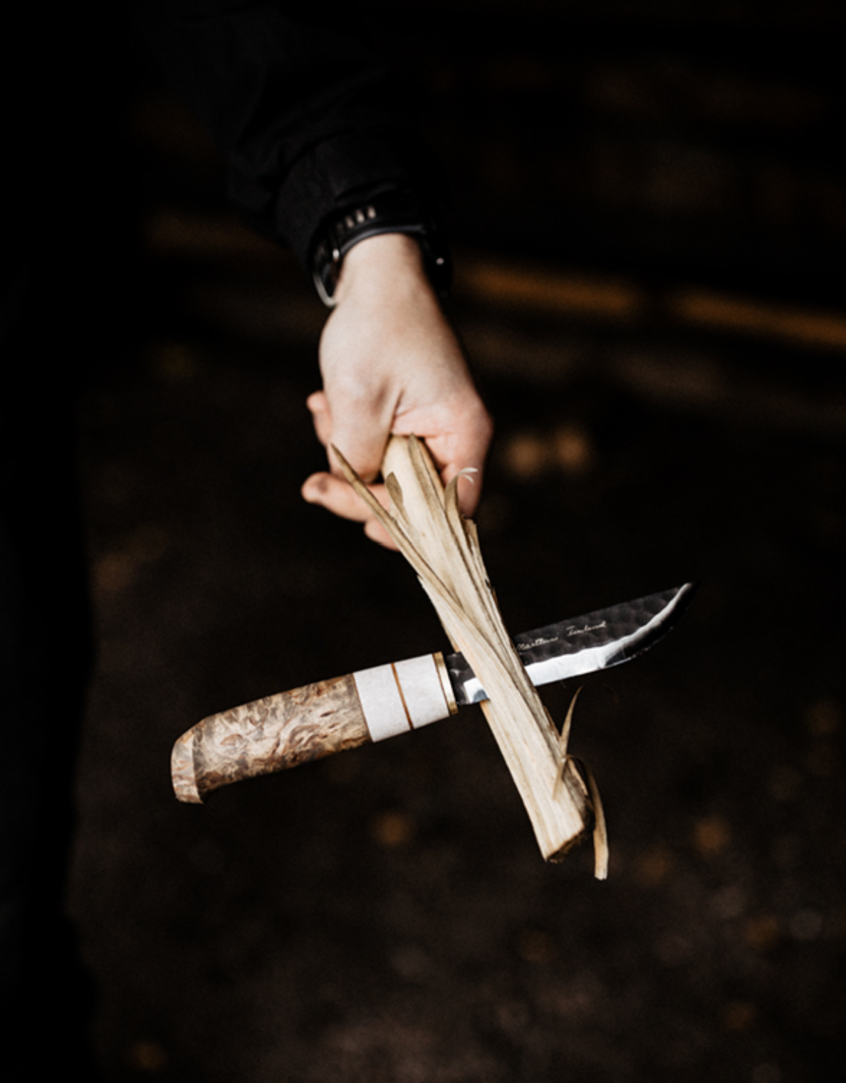 Marttiini Aapa 4.33" Hand-Forged Carbon Curly Birch / Reindeer Antler Puukko Knife with Leather Sheath