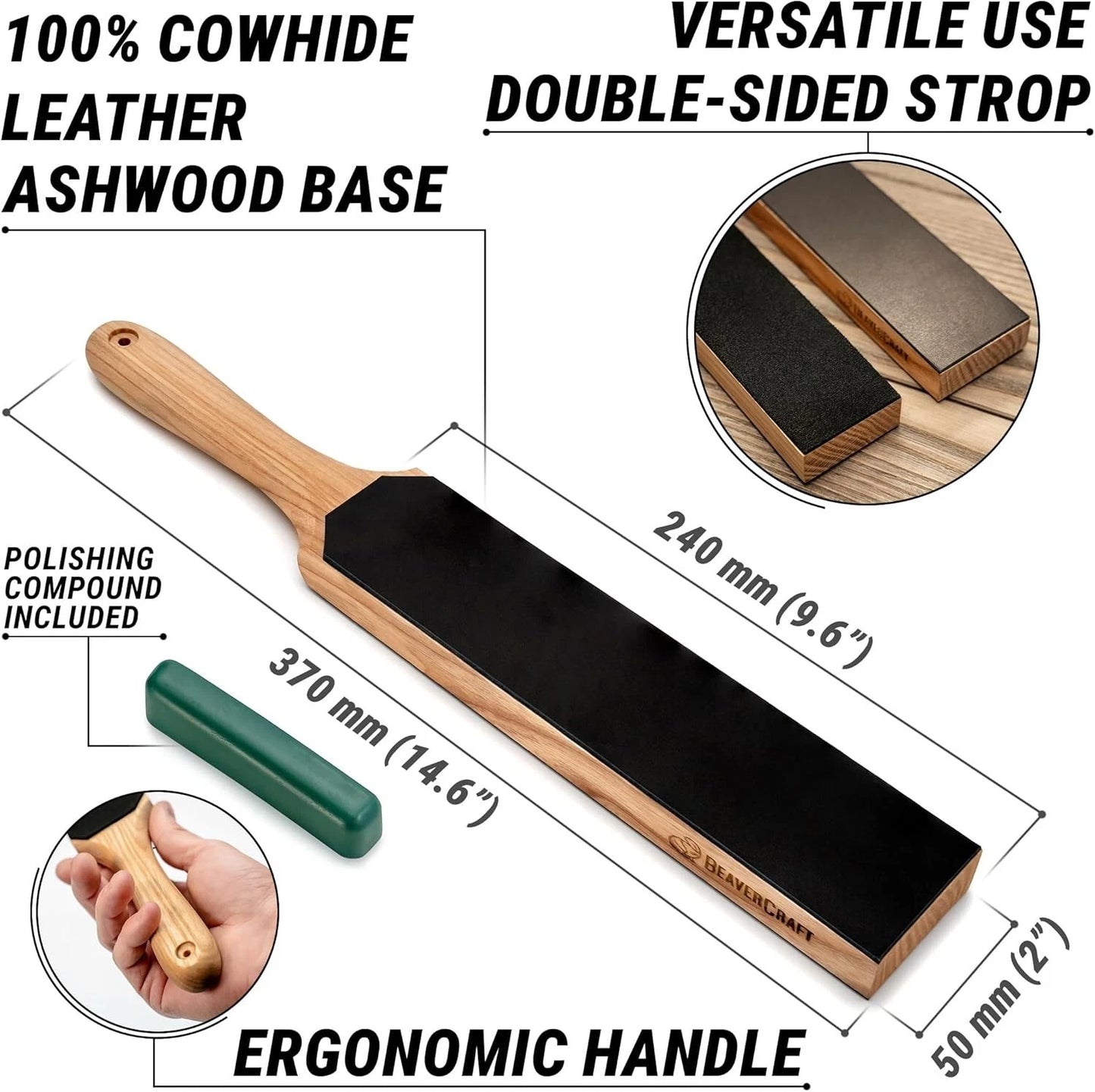 BeaverCraft Double-Sided Leather Paddle Strop with Polishing Compound LS6P1 - Made in Europe