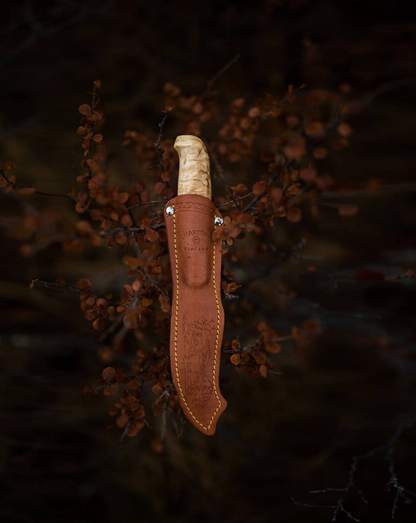 Marttiini Lynx 131 4.33" Curly Birch Puukko Knife with Leather Sheath