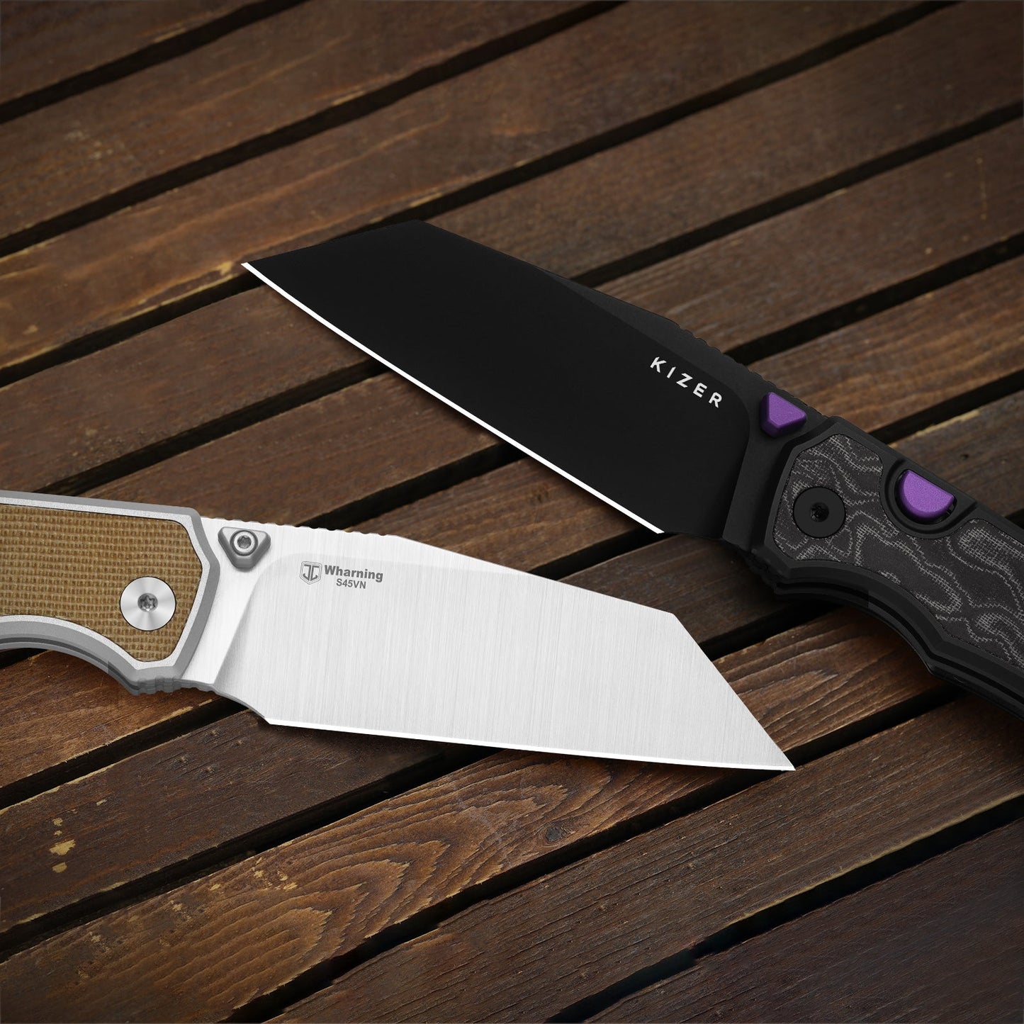 Kizer Wharning 3.4" S45VN Brown Norplex UltreX Micarta Aluminium Button-Lock Folding Knife 3738A1
