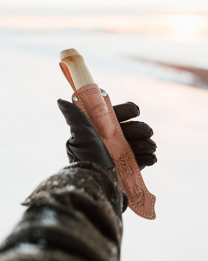 Marttiini Lynx 131 4.33" Curly Birch Puukko Knife with Leather Sheath