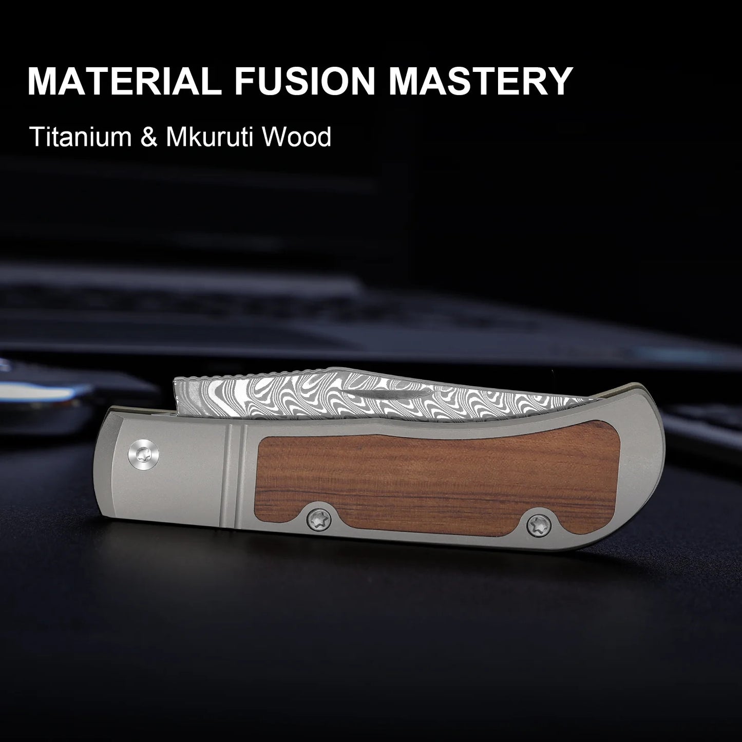 Kizer Trestle 2.9" Damascus Mkuruti Wood Titanium Folding Knife V3761A2