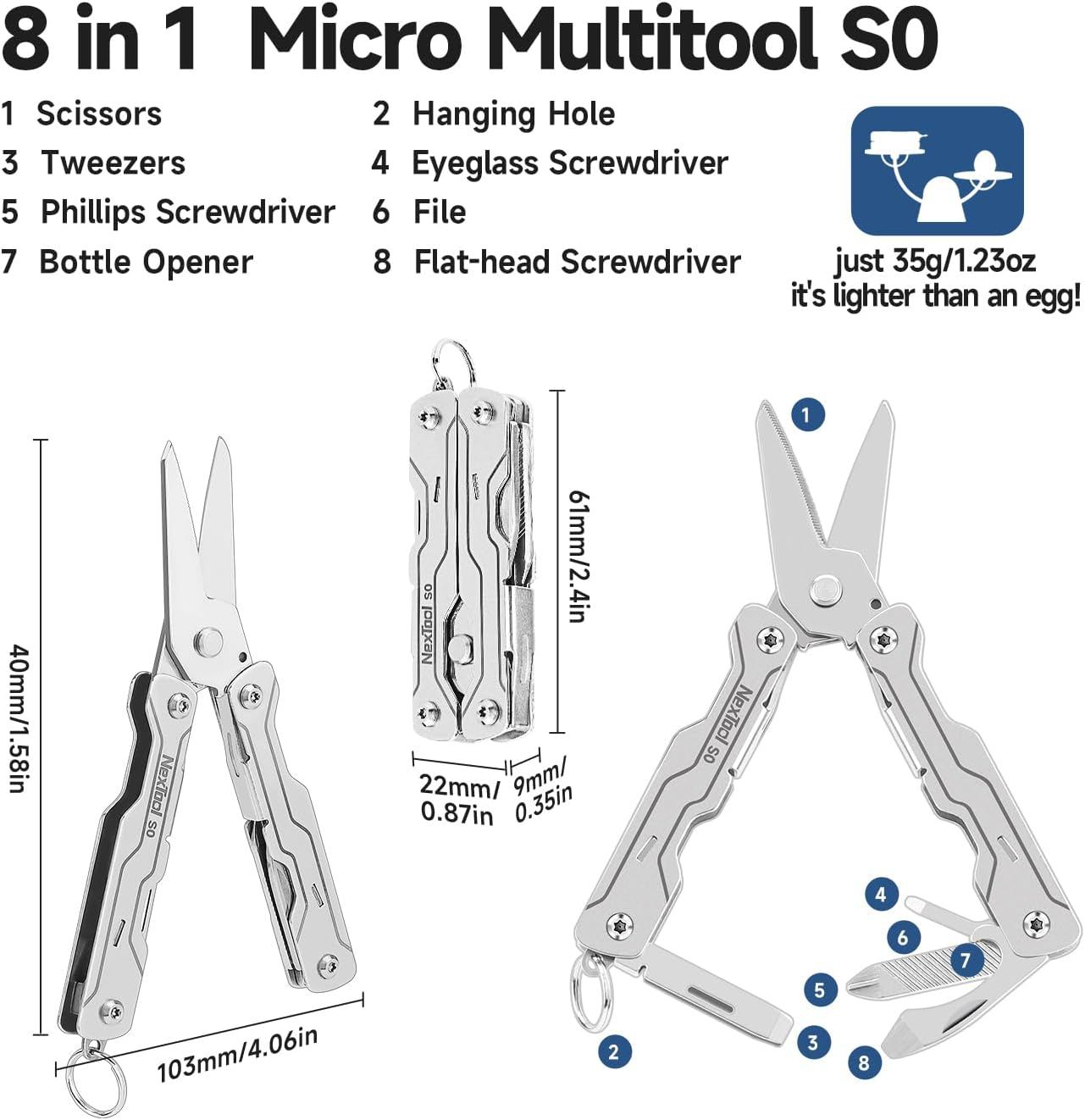 NexTool Micro Sailor Scissors S0 Bladeless Slim Keychain Multi-Tool 8 Functions