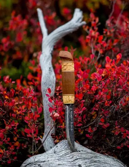 Marttiini Kierinki 4.33" Hand-Forged Carbon Curly Birch Puukko Knife with Leather Sheath