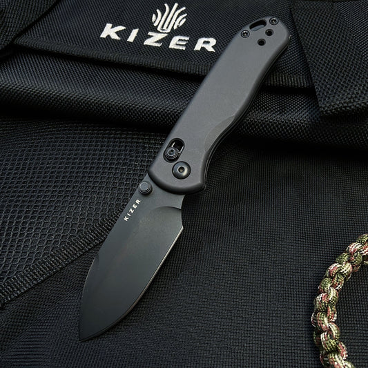 Kizer Drop Bear 2 Button-Lock 2.96" Nitro-V Matte DLC Black Aluminium Folding Knife V3619.2KD2