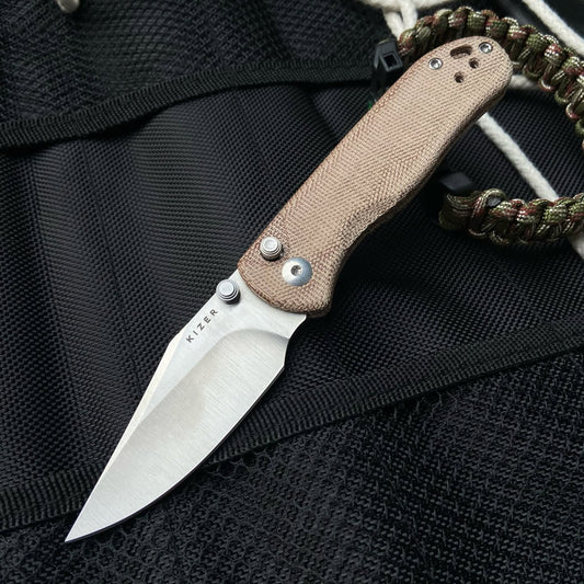 Kizer Drop Bear 2 Button-Lock 2.96" Nitro-V Brown Micarta Clip-Point Folding Knife V3619.2CC1