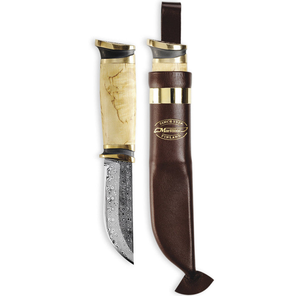 Marttiini Flagship Damascus 3.94" Curly Birch Puukko Knife with Leather Sheath