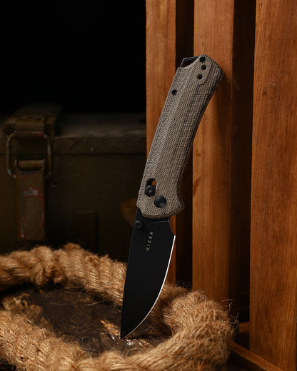 Kizer T1 CD 3.2" Nitro-V Olive Green Norplex UltreX Micarta Black Stonewash Clutch-Lock Folding Knife by Uli Hennicke V3490.2CA1