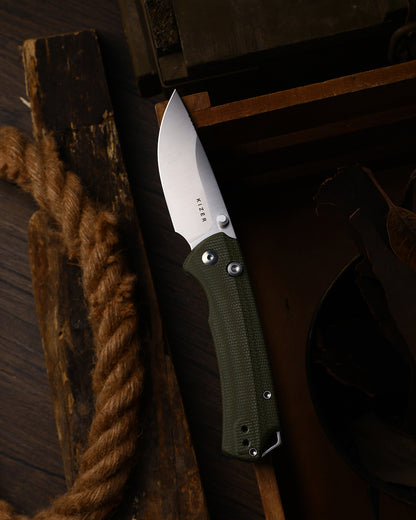 Kizer T1 BD 3.2" Nitro-V Green Micarta Button-Lock Folding Knife by Uli Hennicke V3490.2BA1