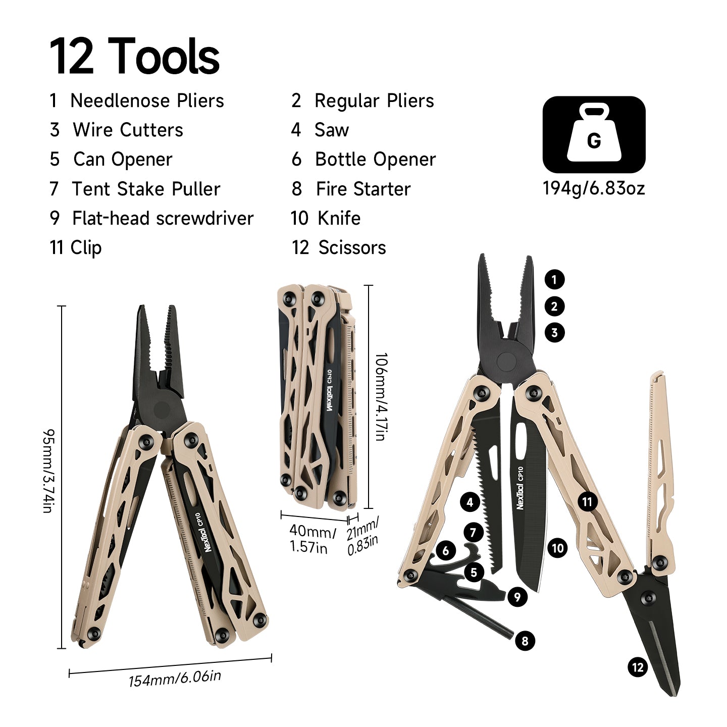 NexTool Camper Pliers CP10 Multi-Tool 12 Functions with Fire Starter and Pouch