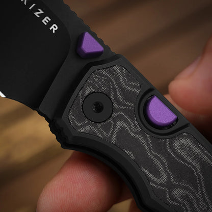 Kizer Wharning 3.4" S45VN Black/Purple Norplex UltreX Micarta Aluminium Button-Lock Folding Knife 3738A2
