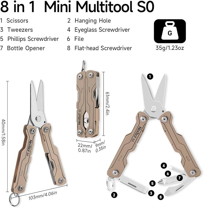 NexTool Micro Sailor Scissors S0 Khaki Bladeless Slim Keychain Multi-Tool 8 Functions NE20417C