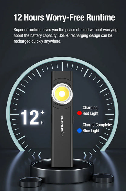 Klarus E5 600LM Gunmetal Gray Compact Magnetic USB-C Fast Charging Dual COB LED Flashlight