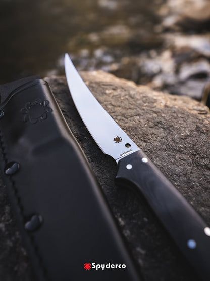 Spyderco Shelter Cove 5.78" 8Cr17MoV Black G10 Fillet Knife with Leather Sheath FB52GP