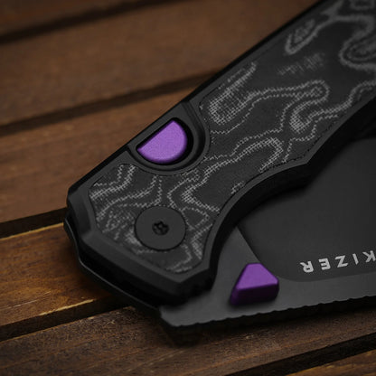 Kizer Wharning 3.4" S45VN Black/Purple Norplex UltreX Micarta Aluminium Button-Lock Folding Knife 3738A2