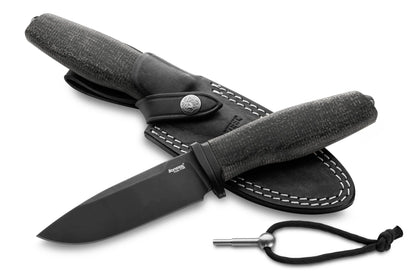 LionSteel Acha 4.21" M390 Black PVD Stonewashed Black Burlap Micarta Fixed Blade Knife AH B BLB