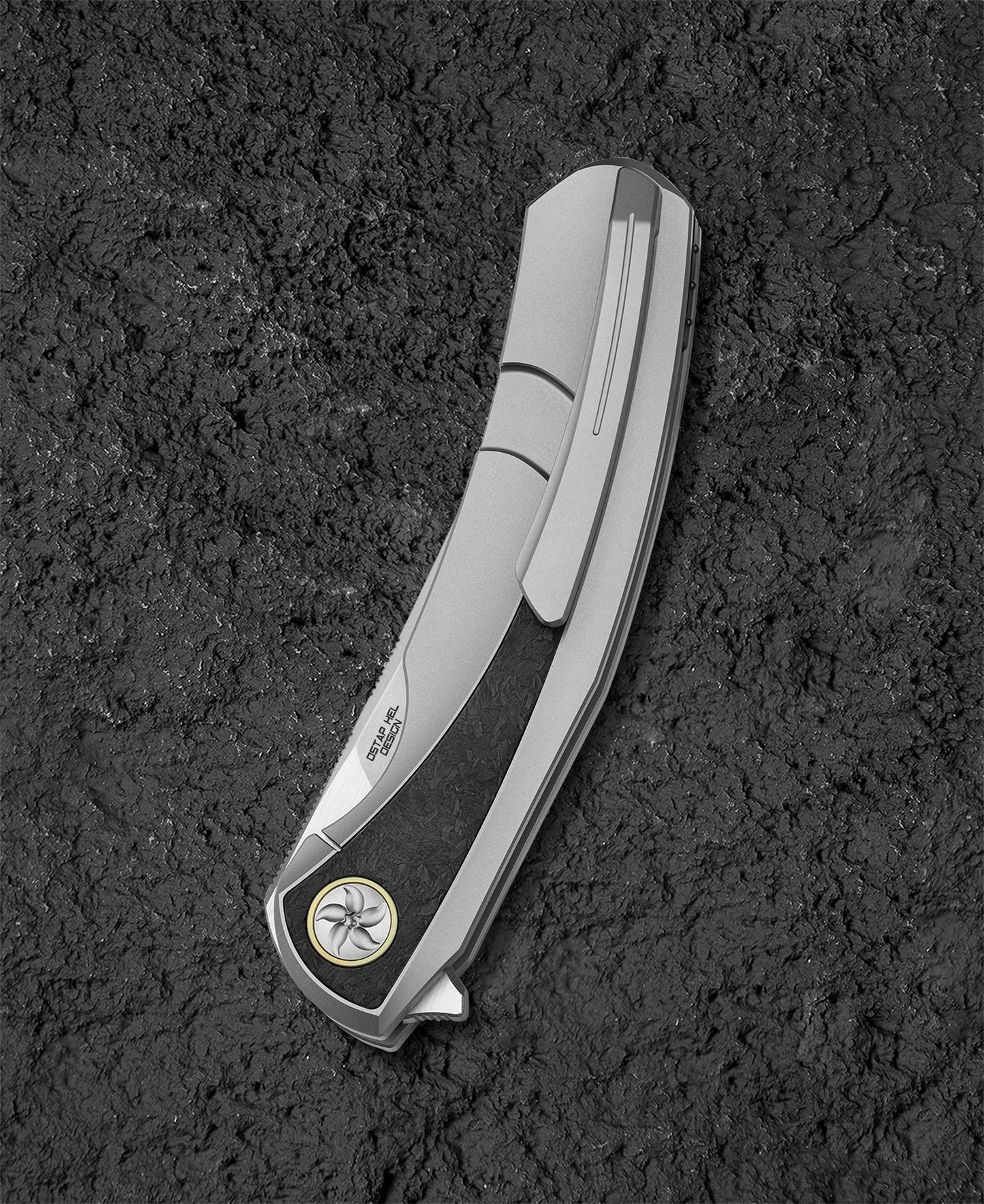 Bestech Sambac 3.62" Magnacut Titanium Marble Carbon Fiber Folding Knife by Ostap Hel BT2402C