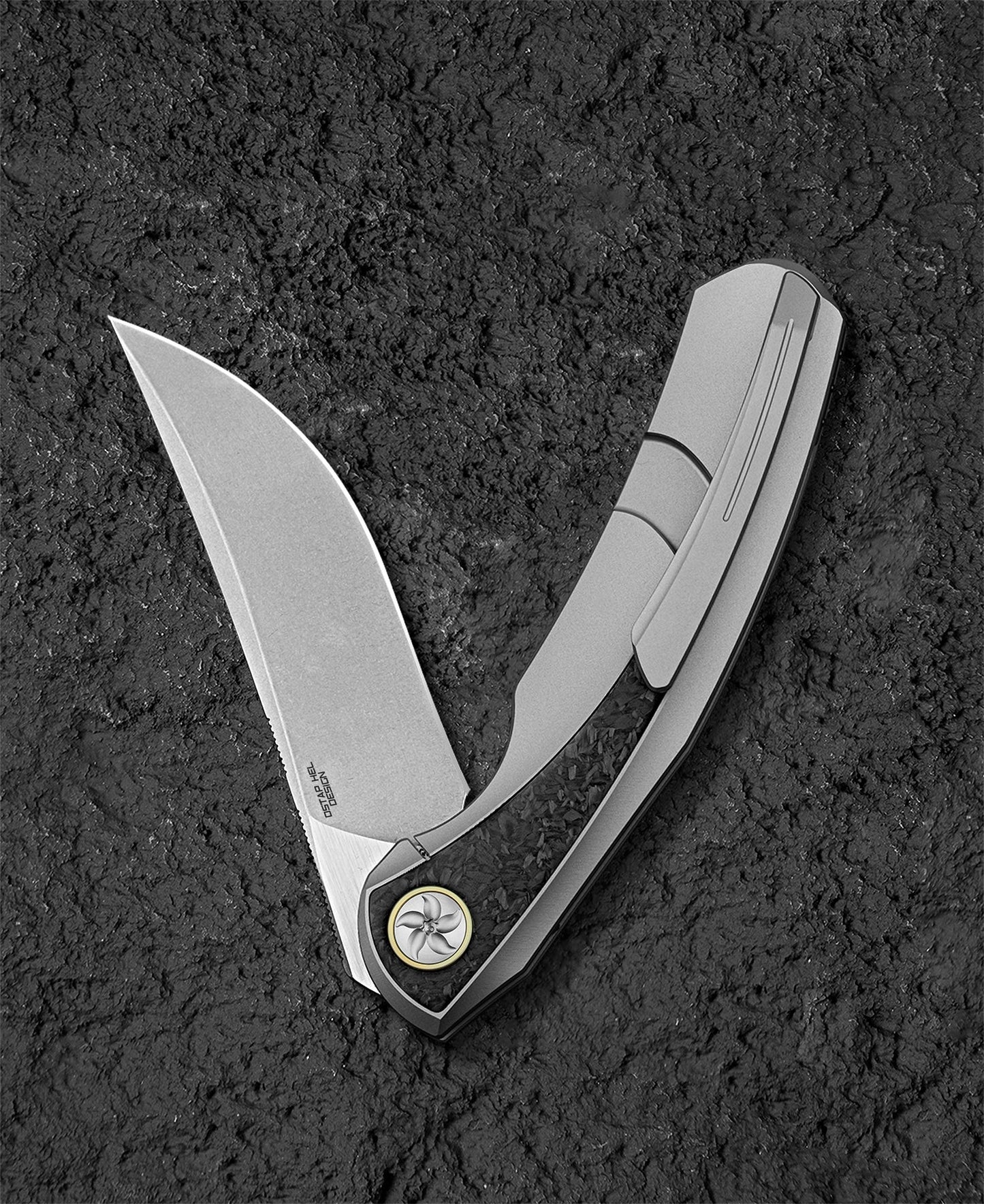 Bestech Sambac 3.62" Magnacut Titanium Marble Carbon Fiber Folding Knife by Ostap Hel BT2402C